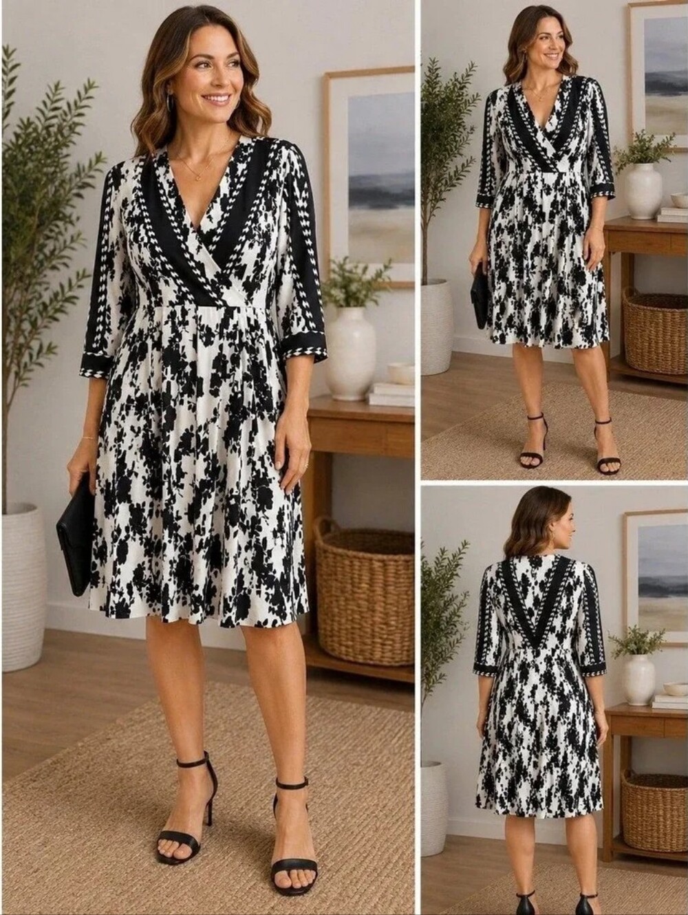 CAbi Black and White Printed Wrap Dress